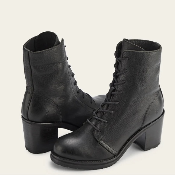 $429 Frye Karen Lace Up Black Leather Combat Short Chunky Heeled Moto Ankle Boot - Picture 5 of 15